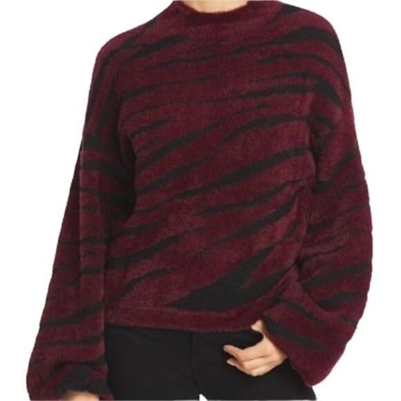 Bardot Womens Zebra Print Fuzzy Knit Crewneck Sweater Red & Black Balloon Sleeve - Picture 2 of 6